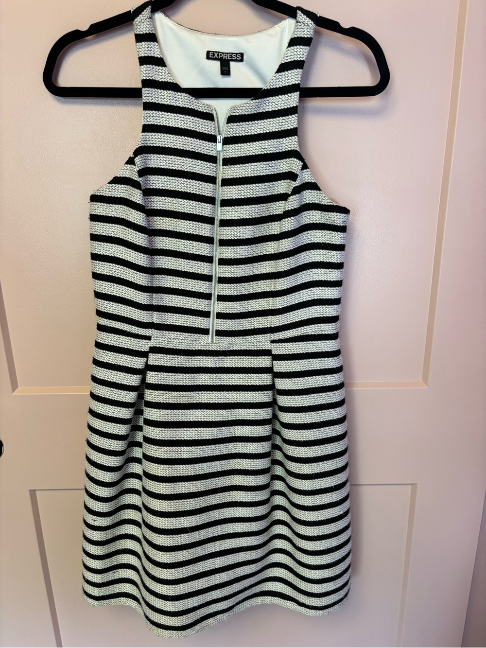 Express Black & White Striped Racerback Zipper Work Corporate Dress Pockets